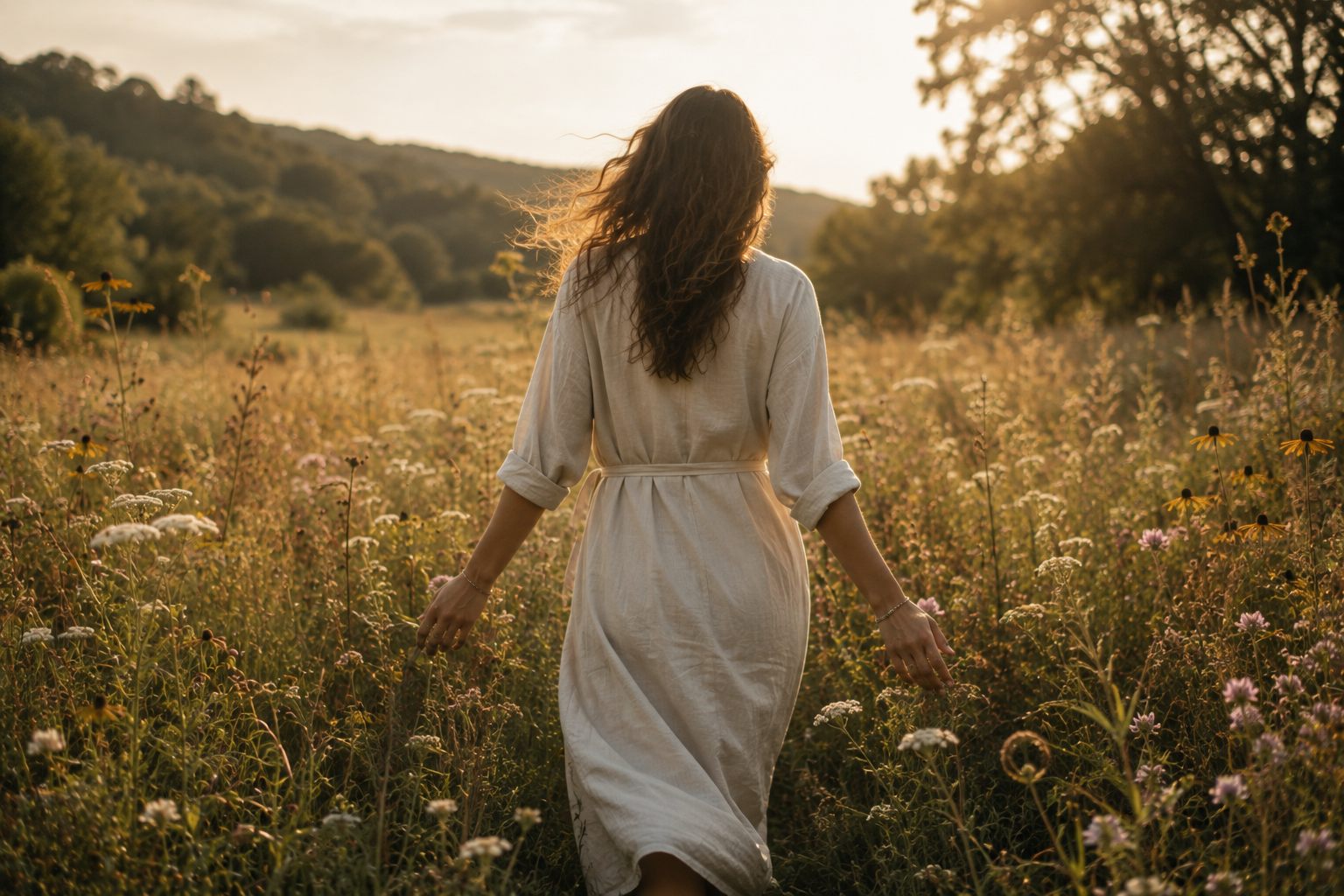 A woman walking away through a sunlit wildflower field